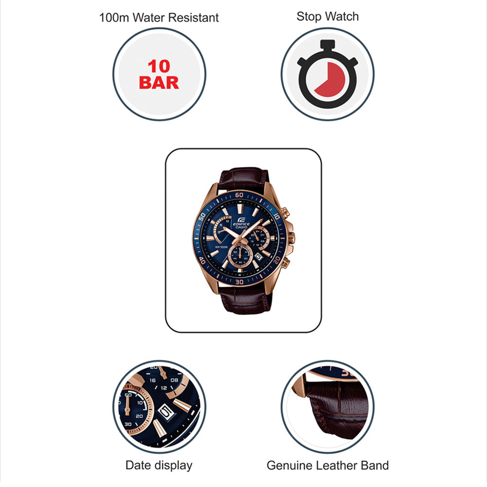 Casio Edifice Chronograph Stainless Steel Rose Gold Leather Belt Watch EFR-552GL-2AVUDF