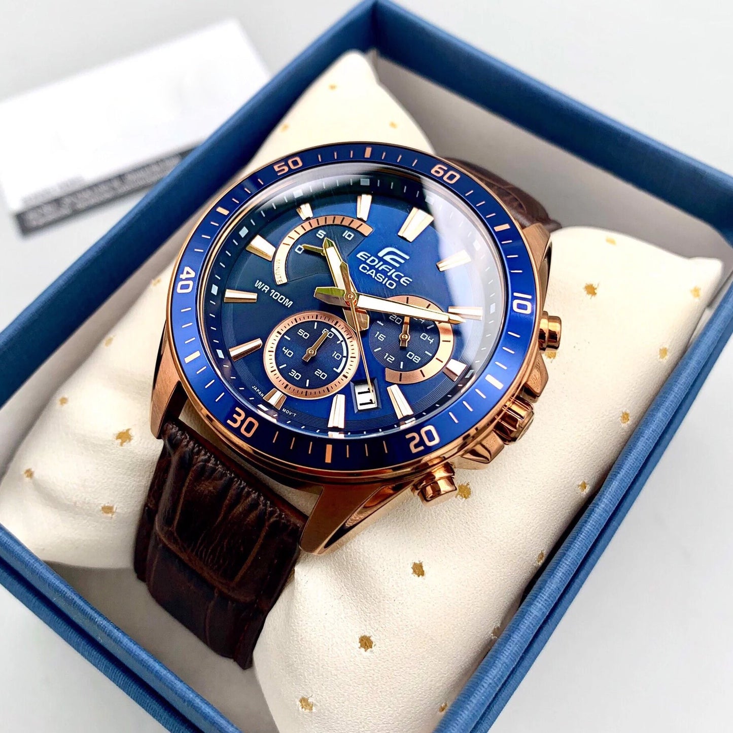 Casio Edifice Chronograph Stainless Steel Rose Gold Leather Belt Watch EFR-552GL-2AVUDF