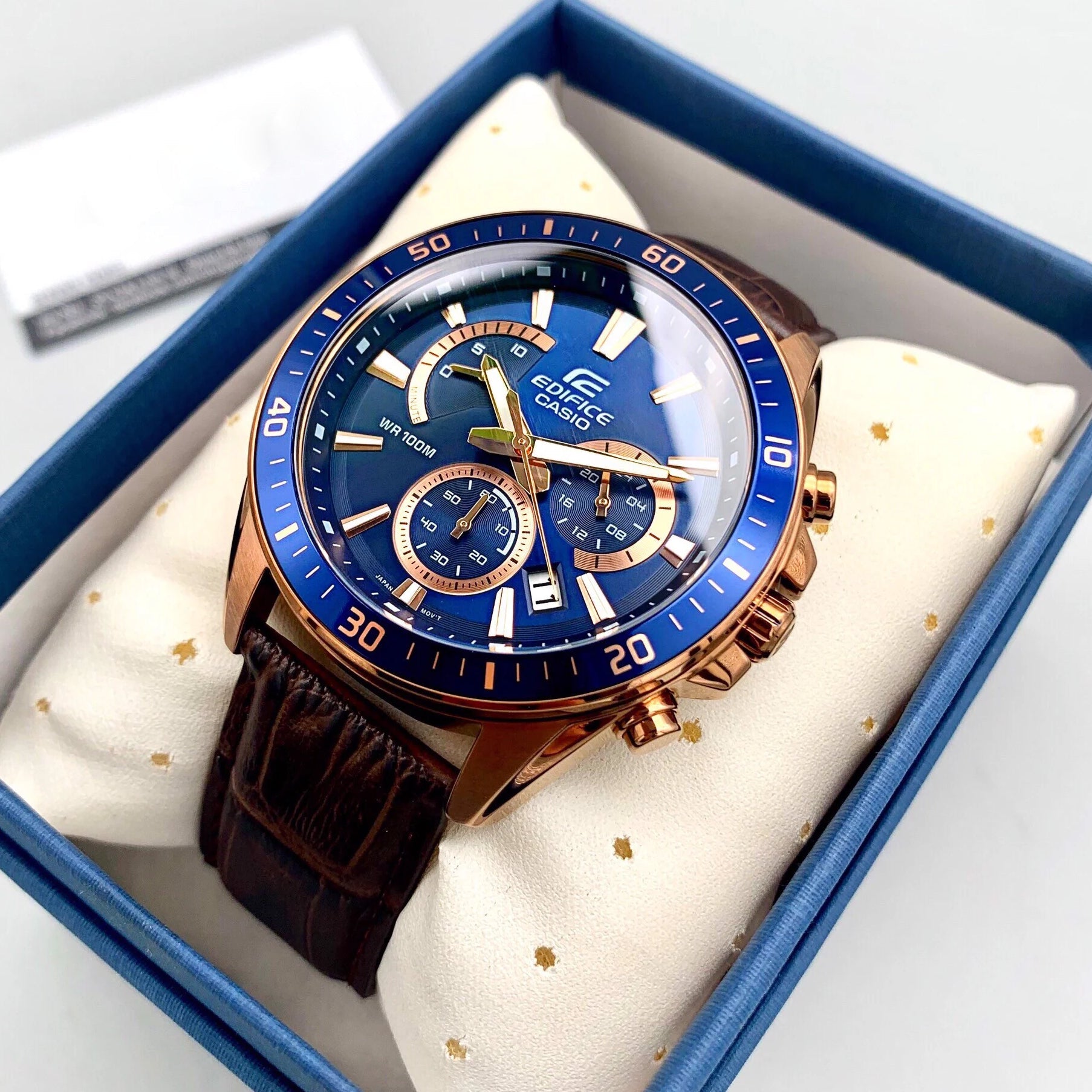 Casio Edifice Chronograph Stainless Steel Rose Gold Leather Belt Watch EFR-552GL-2AVUDF