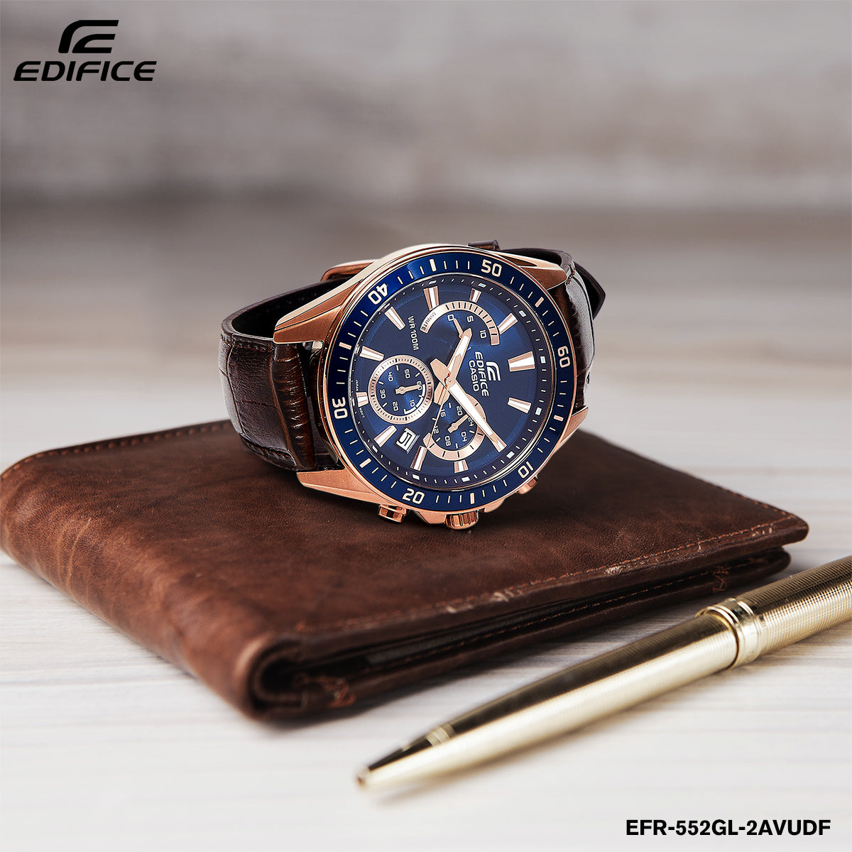 Casio Edifice Chronograph Stainless Steel Rose Gold Leather Belt Watch EFR-552GL-2AVUDF