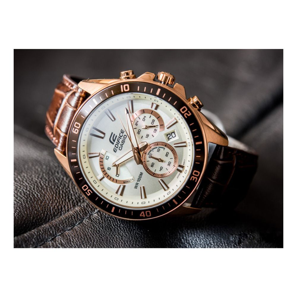 Casio Edifice Chronograph Stainless Steel Rose Gold Leather Belt Watch EFR-552GL-7AVUDF