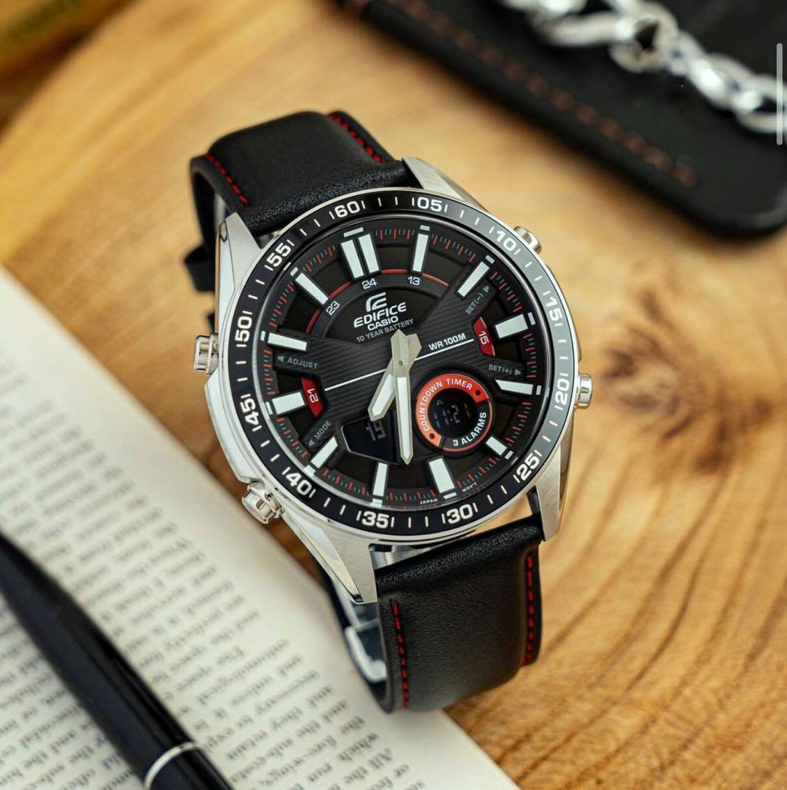 Casio Edifice Analog Digital Stainless Steel Silver Leather Belt Watch EFV-C100L-1AVDF