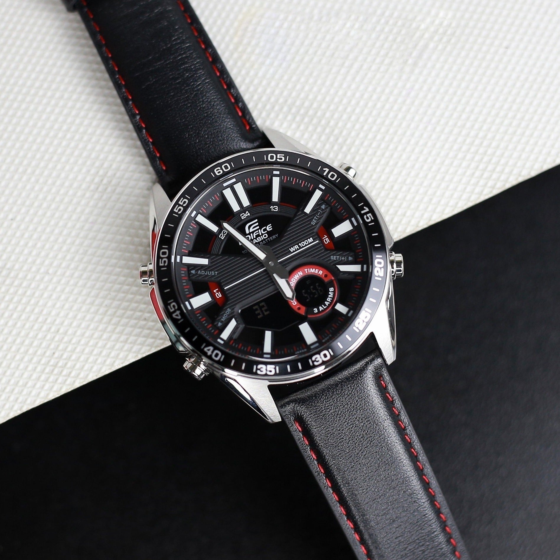 Casio Edifice Analog Digital Stainless Steel Silver Leather Belt Watch EFV-C100L-1AVDF