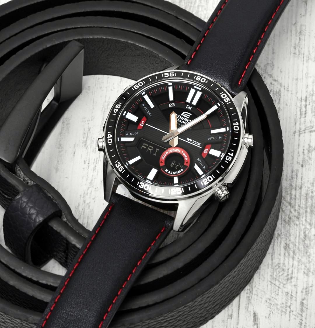 Casio Edifice Analog Digital Stainless Steel Silver Leather Belt Watch EFV-C100L-1AVDF