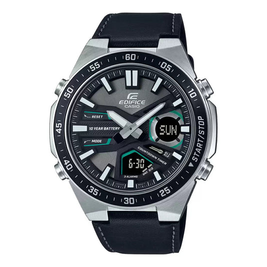 Casio Edifice Analog Digital Stainless Steel Silver Leather Belt Watch EFV-C110L-1AVDF
