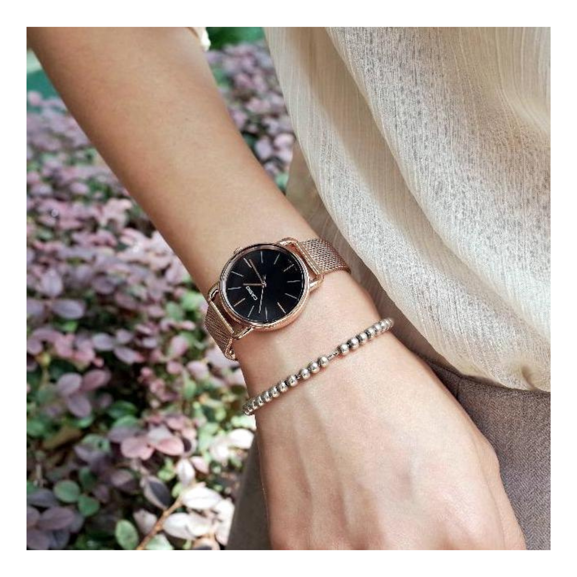 Casio Enticer Pink Gold Ladies Stainless Steel Mesh Chain Watch LTP-E412MPG-1ADF