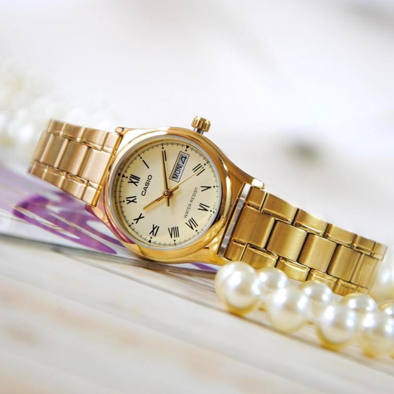 Casio Standard Day Date Golden Ladies Chain Watch LTP-V006G-9BUDF