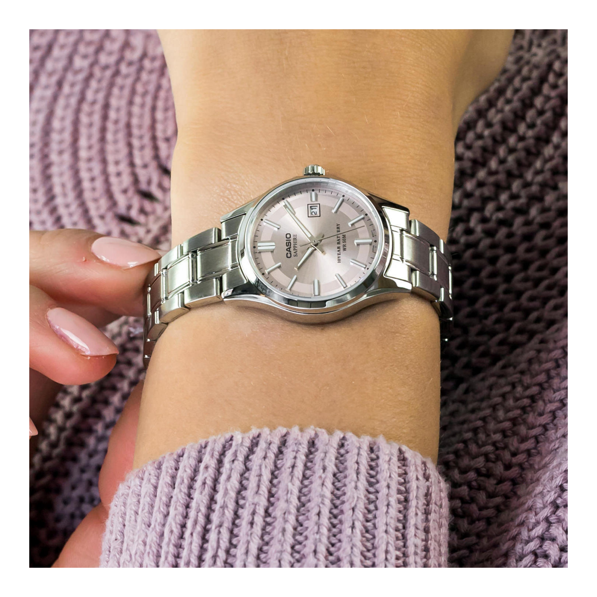 Casio Enticer Ladies Sapphire Date Stainless Steel Chain Watch LTS-100D-4AVDF