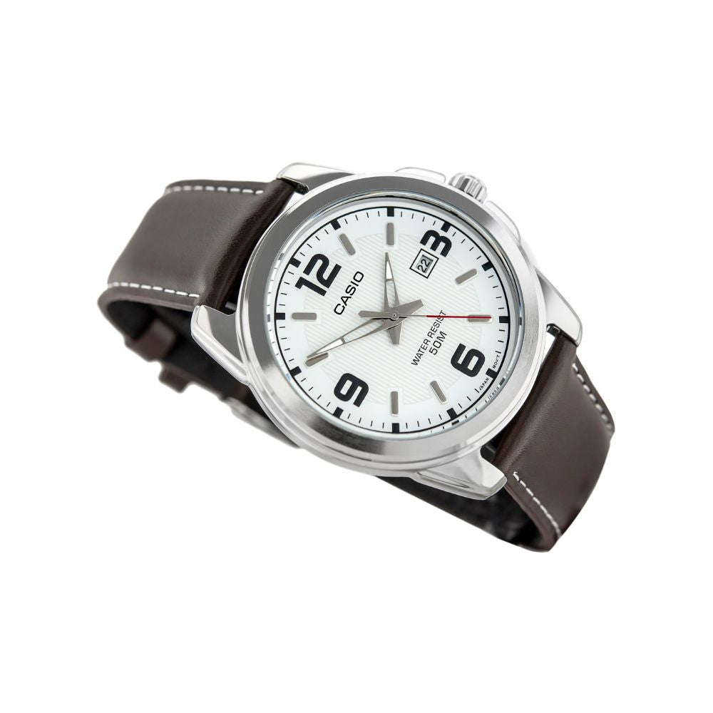 Casio Enticer Date Silver Leather Belt Watch MTP-1314L-7AVDF