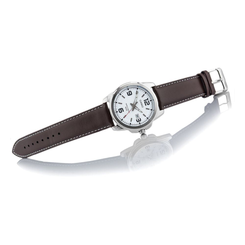 Casio Enticer Date Silver Leather Belt Watch MTP-1314L-7AVDF