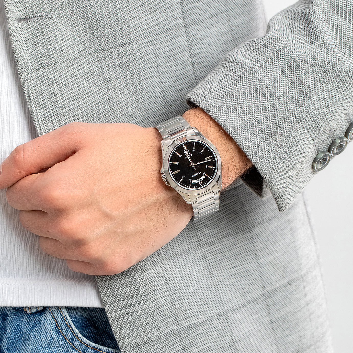 Casio Enticer Day Date Silver Chain Watch MTP-1370D-1A1VDF