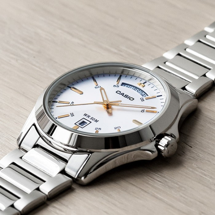 Casio Enticer Day Date Silver Chain Watch MTP-1370D-7A2VDF