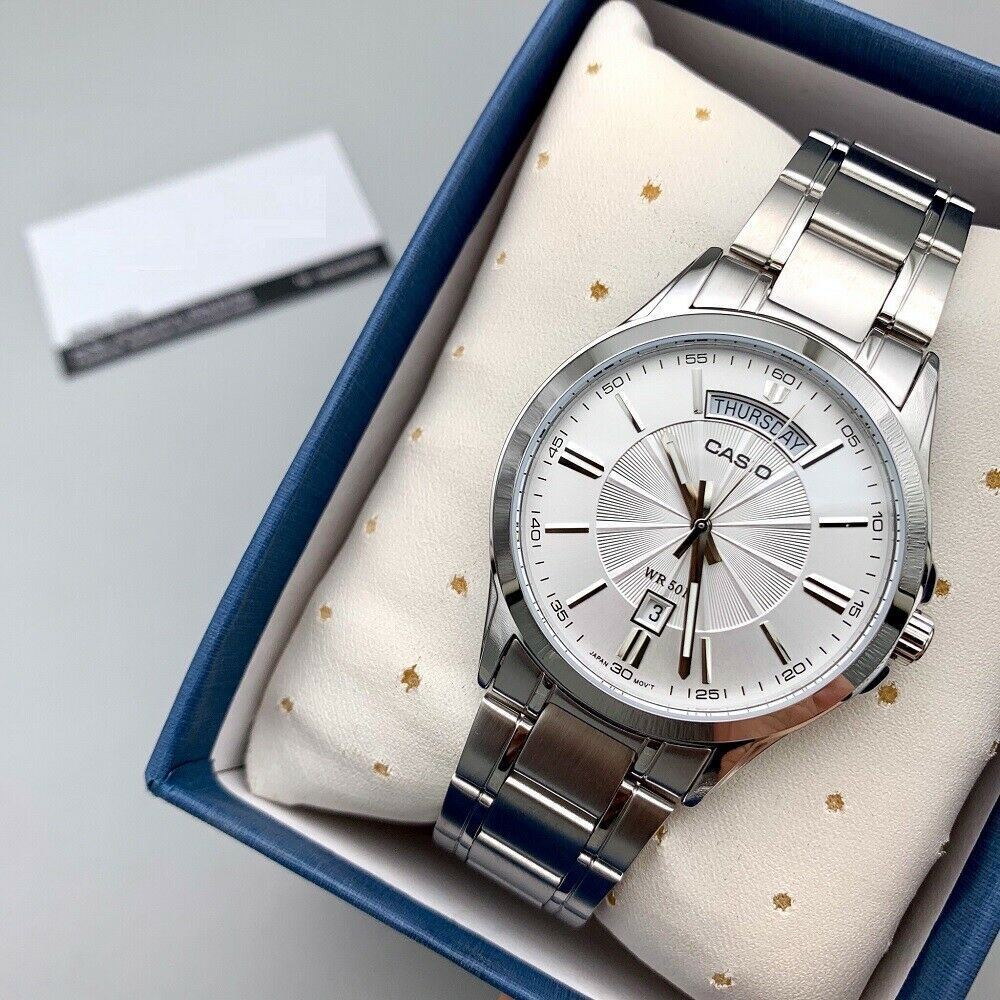 Casio Enticer Day Date Silver Chain Watch MTP-1381D-7AVDF