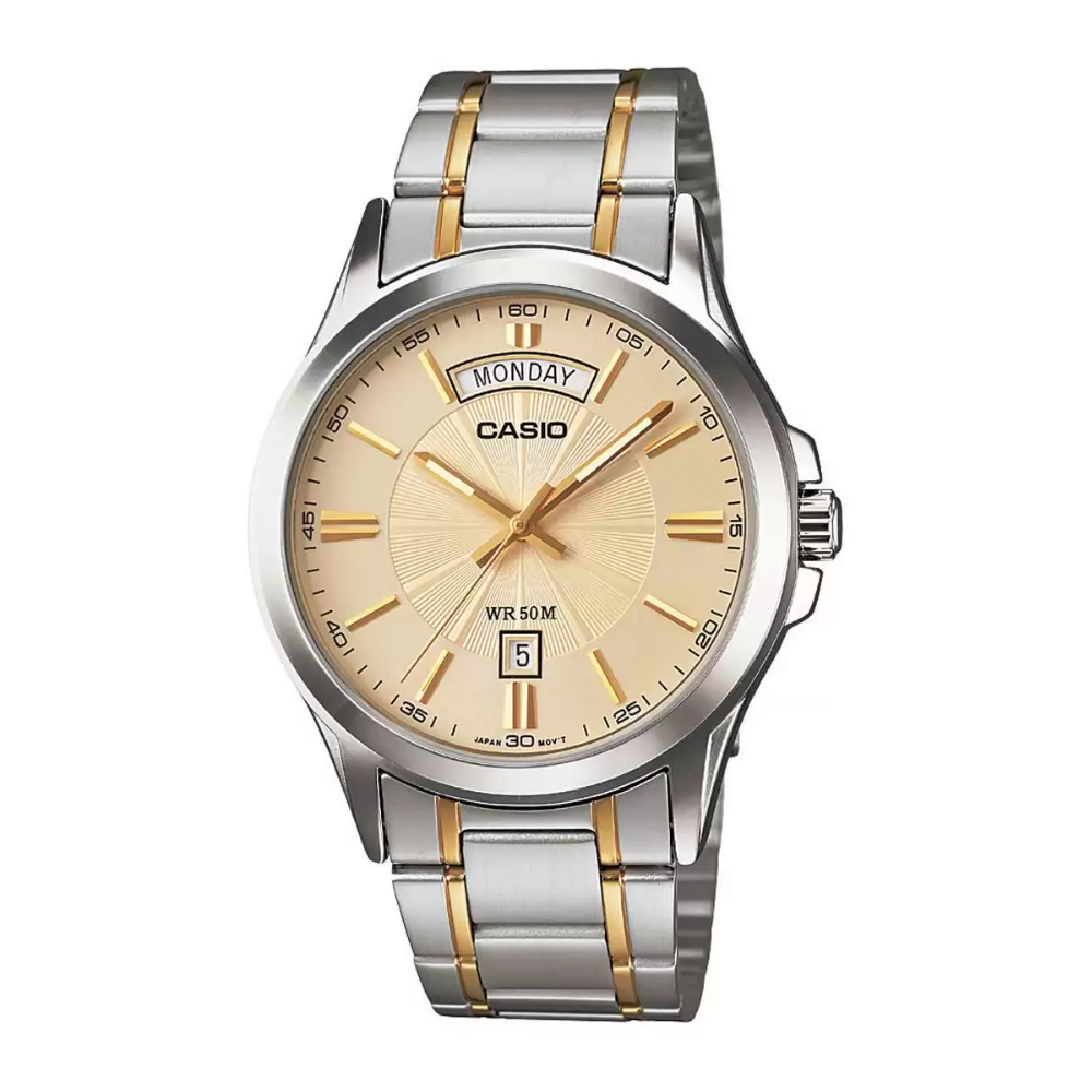 Casio Enticer Day Date Two Tone Chain Watch MTP-1381G-9AVDF
