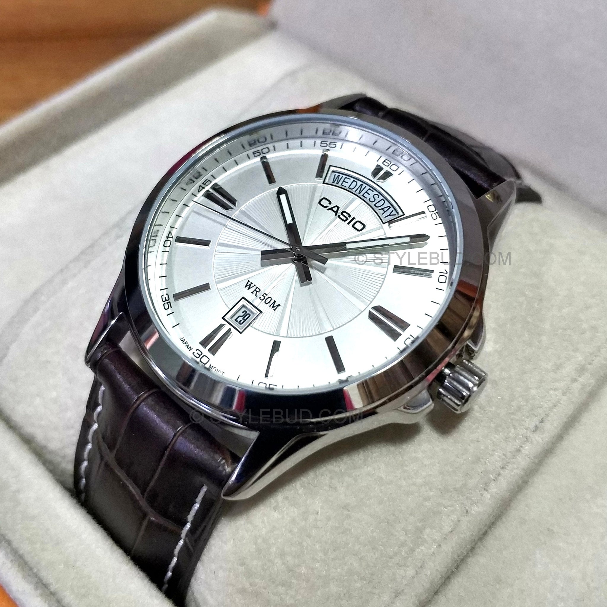 Casio Enticer Day Date Leather Belt Watch MTP-1381L-7AVDF