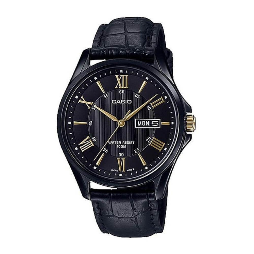 Casio Enticer Day Date Black Leather Belt Watch MTP-1384BL-1AVDF