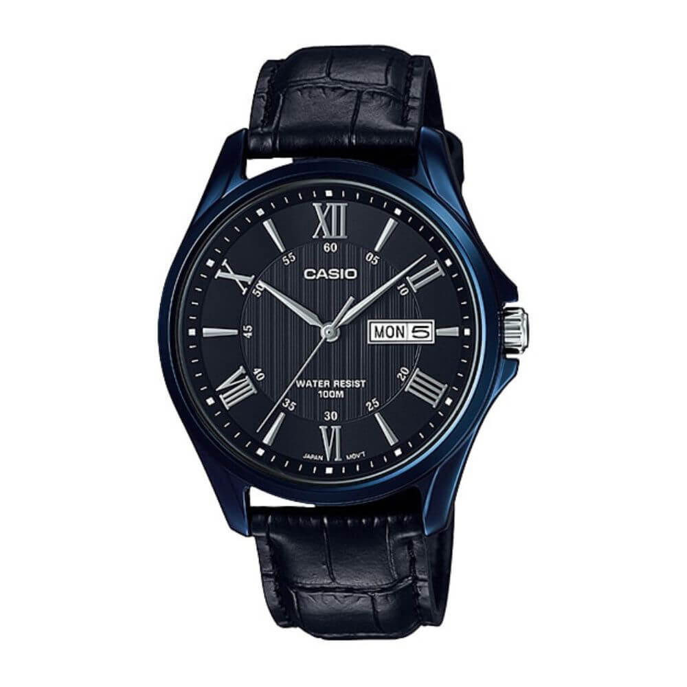 Casio Enticer Day Date Blue Leather Belt Watch MTP-1384BUL-1AVDF