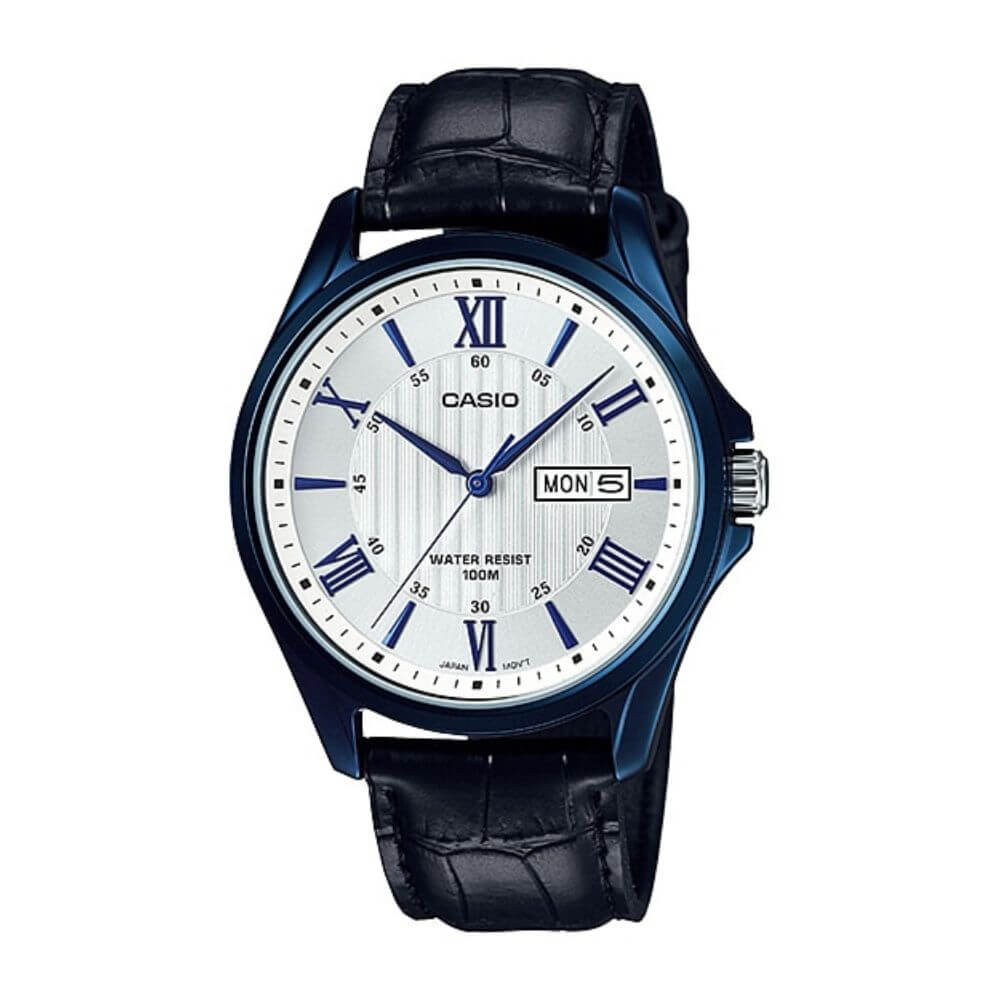 Casio Enticer Day Date Blue Leather Belt Watch MTP-1384BUL-7AVDF