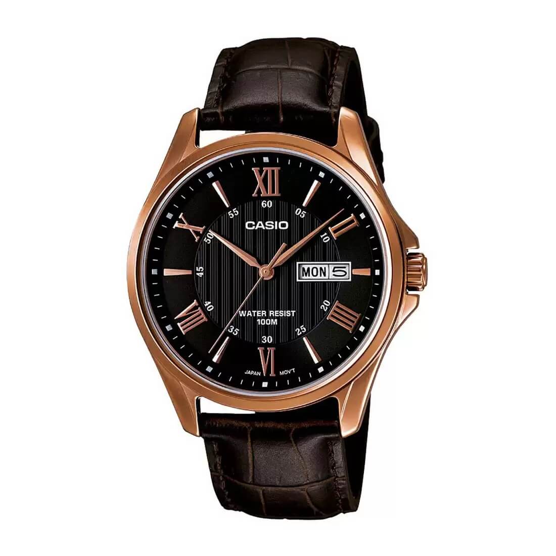 Casio Enticer Day Date Rose Gold Leather Belt Watch MTP-1384L-1AVDF