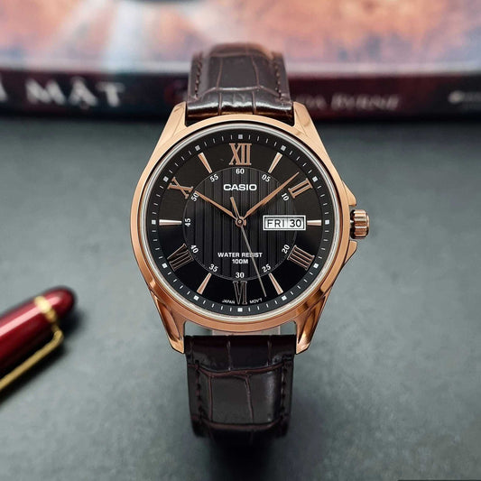 Casio Enticer Day Date Rose Gold Leather Belt Watch MTP-1384L-1AVDF