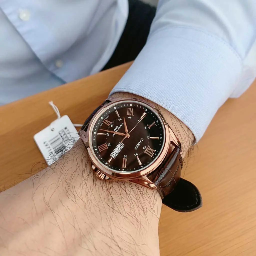 Casio Enticer Day Date Rose Gold Leather Belt Watch MTP-1384L-1AVDF