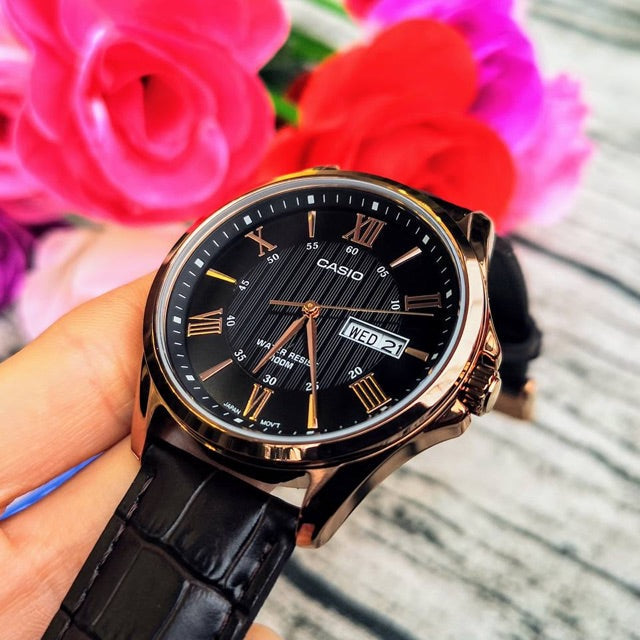 Casio Enticer Day Date Rose Gold Leather Belt Watch MTP-1384L-1AVDF