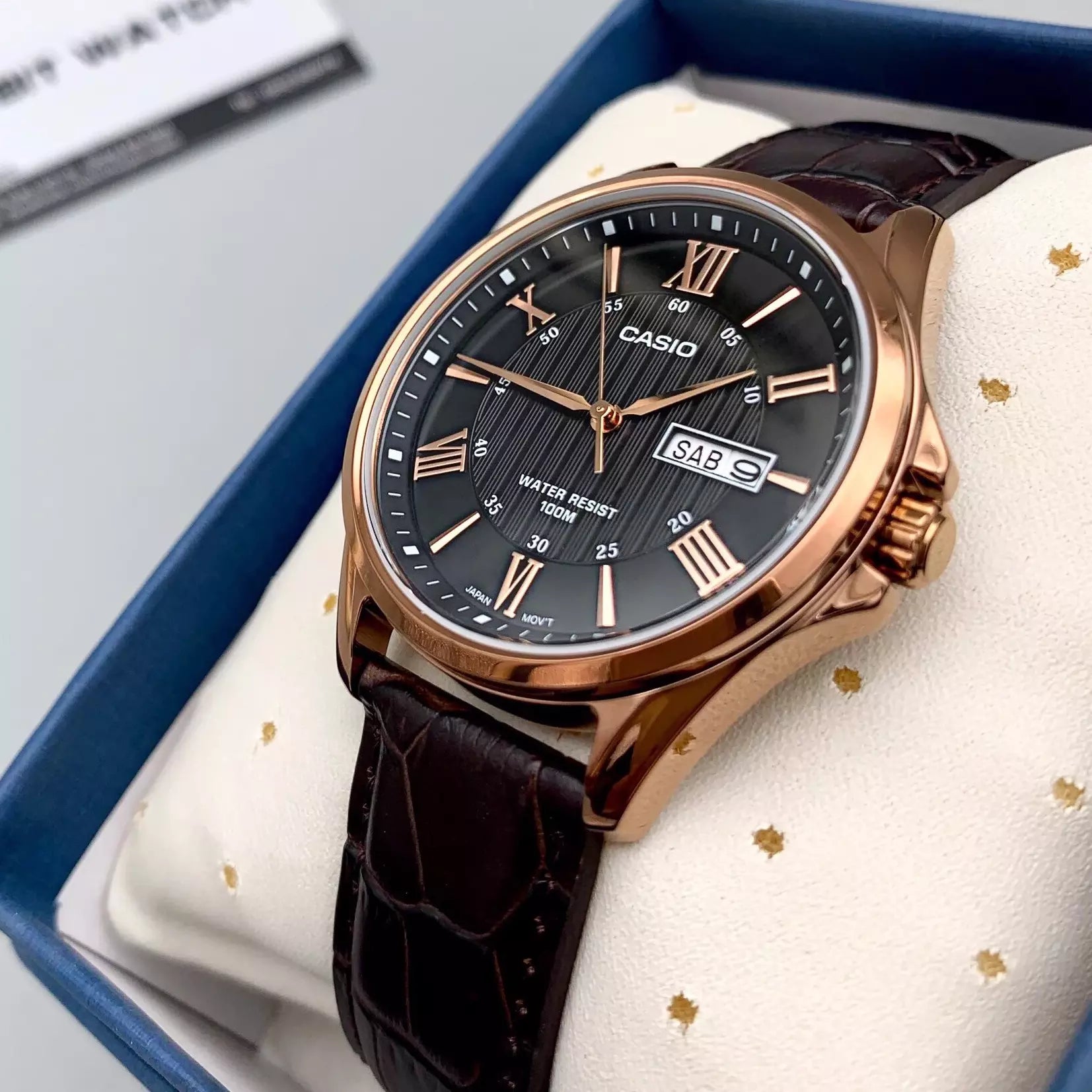 Casio Enticer Day Date Rose Gold Leather Belt Watch MTP-1384L-1AVDF