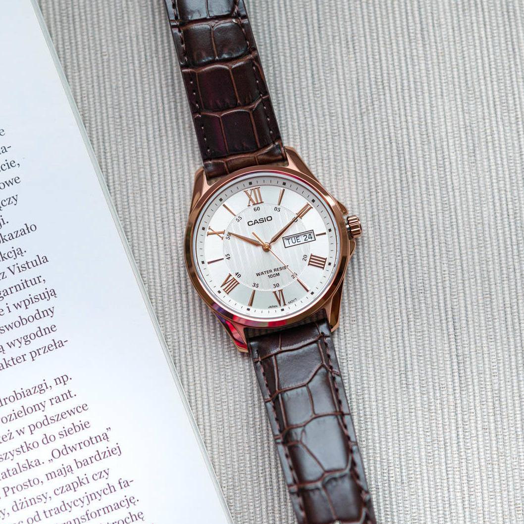 Casio Enticer Day Date Rose Gold Leather Belt Watch MTP-1384L-7AVDF