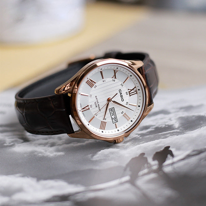 Casio Enticer Day Date Rose Gold Leather Belt Watch MTP-1384L-7AVDF