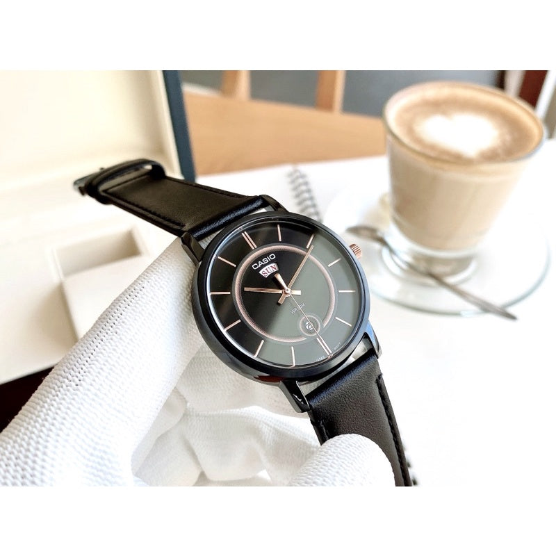 Casio Enticer Day Date Stainless Steel Black Leather Belt Watch MTP-B120BL-1AVDF