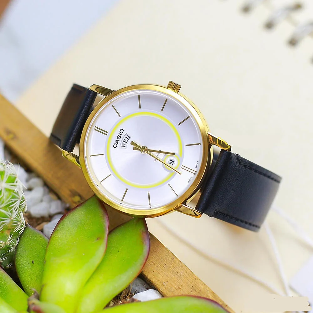 Casio Enticer Day Date Stainless Steel Golden Leather Belt Watch MTP-B120GL-7AVDF