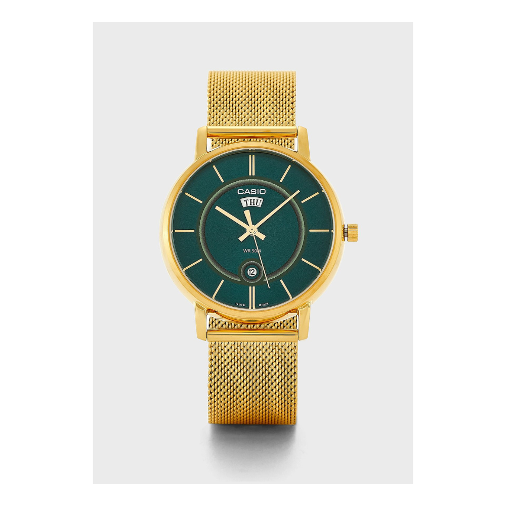 Casio Enticer Day Date Stainless Steel Golden Mesh Chain Watch MTP-B120MG-3AVDF