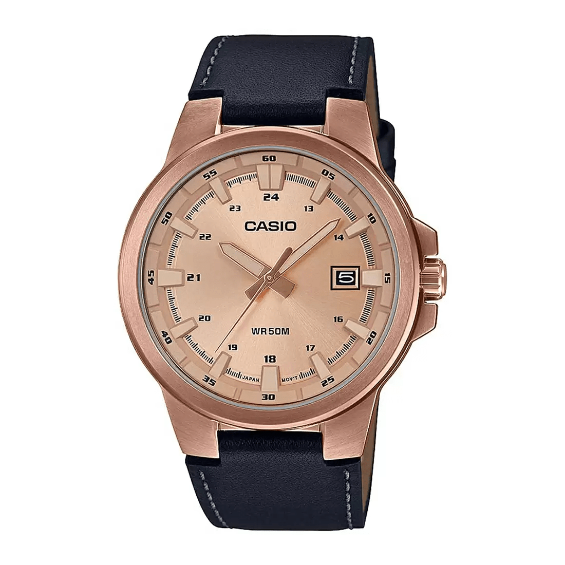 Casio Enticer Date Stainless Steel Rose Gold Leather Belt Watch MTP-E173RL-5AVDF
