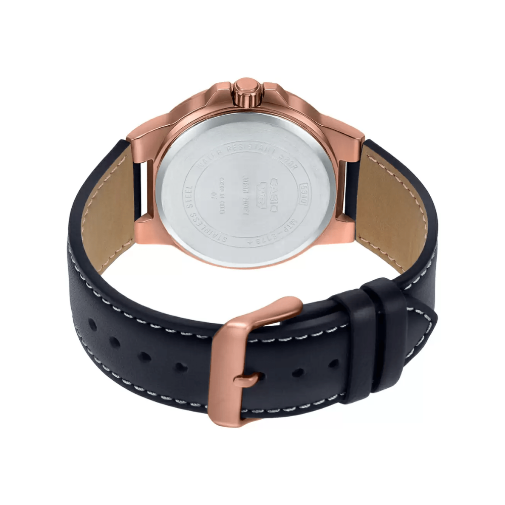 Casio Enticer Date Stainless Steel Rose Gold Leather Belt Watch MTP-E173RL-5AVDF