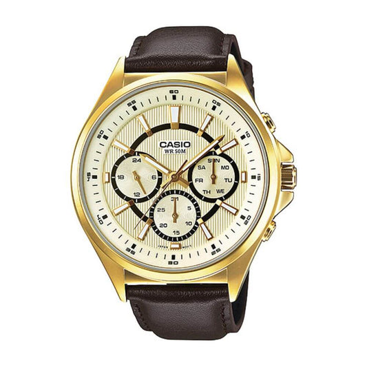 Casio Enticer Multifunction Stainless Steel Golden Leather Belt Watch MTP-E303GL-9AVDF