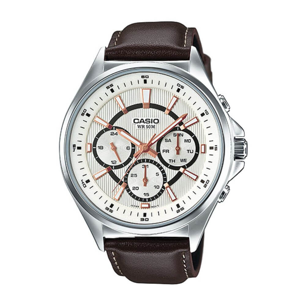 Casio Enticer Multifunction Stainless Steel Silver Leather Belt Watch MTP-E303L-7AVDF