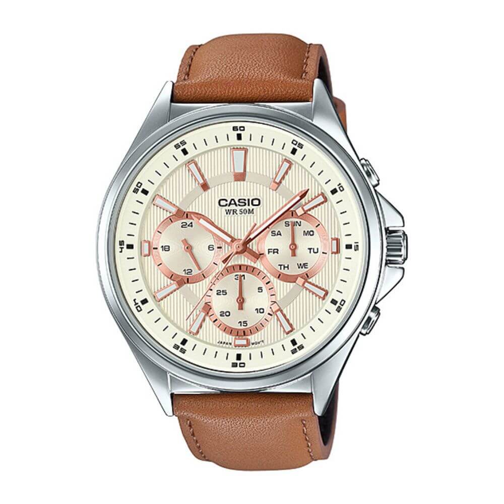 Casio Enticer Multifunction Stainless Steel Silver Leather Belt Watch MTP-E303L-9AVDF