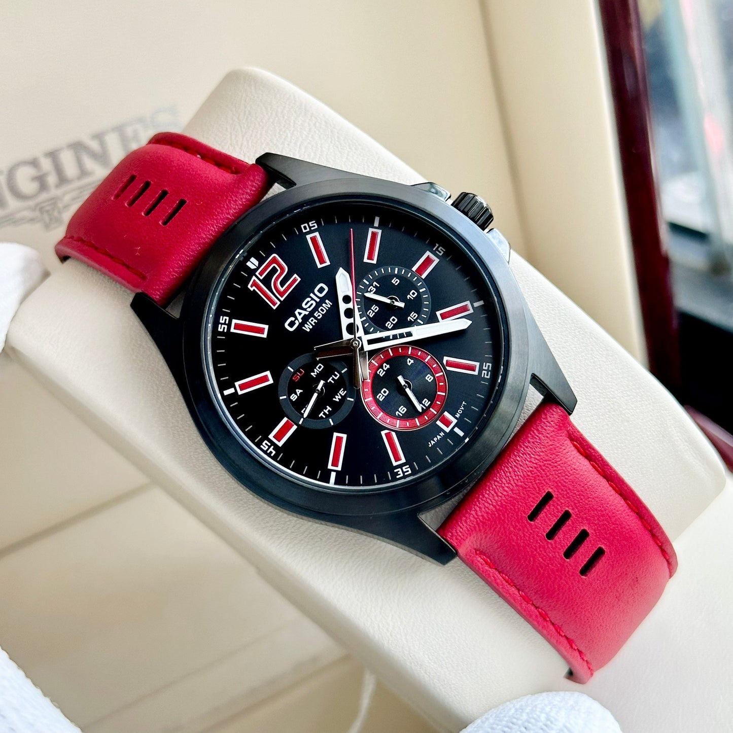 Casio Standard Multifunction Stainless Steel Black Leather Belt Watch MTP-E350BL-1BVDF