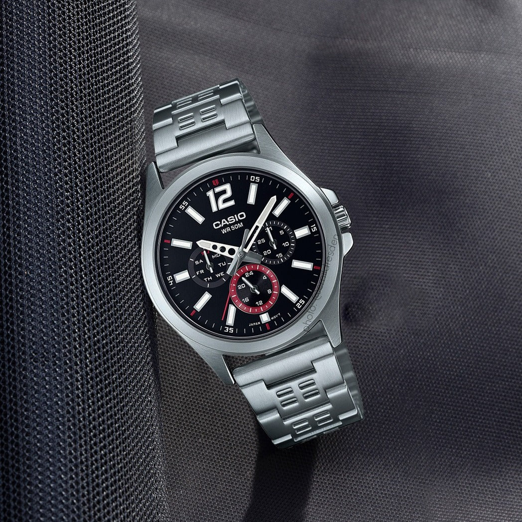 Casio Standard Multifunction Stainless Steel Silver Chain Watch MTP-E350D-1BVDF