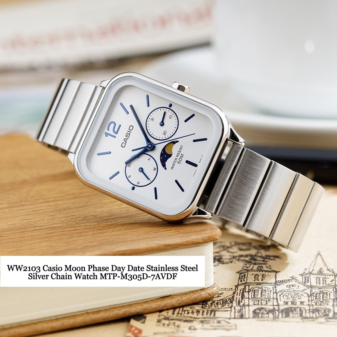 Casio Standard Moon Phase Day Date Chain Watch MTP-M305D-7AVDF