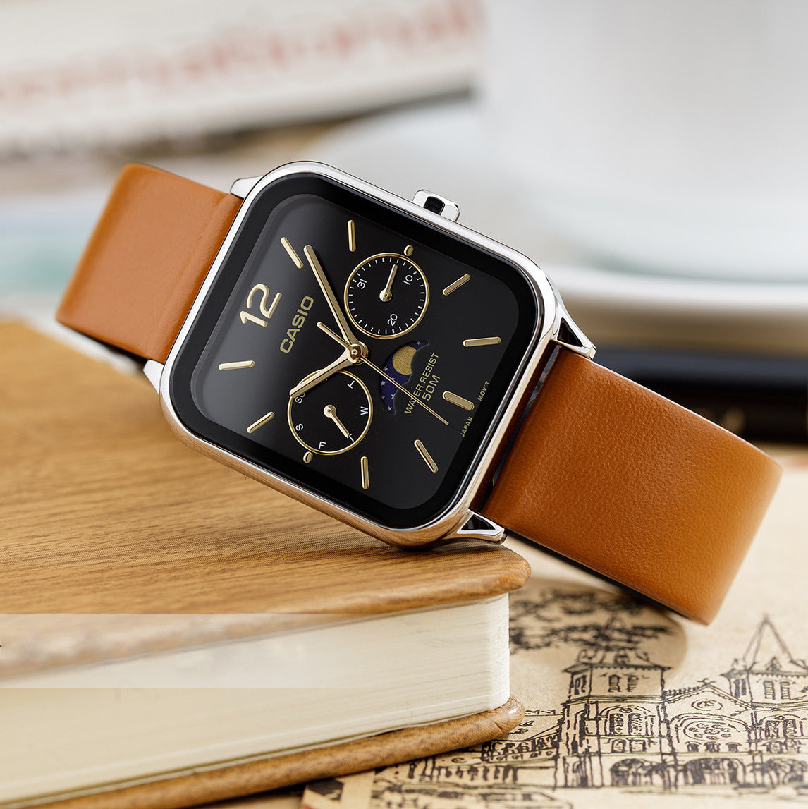 Casio Standard Moon Phase Day Date Leather Belt Watch MTP-M305L-1AVDF