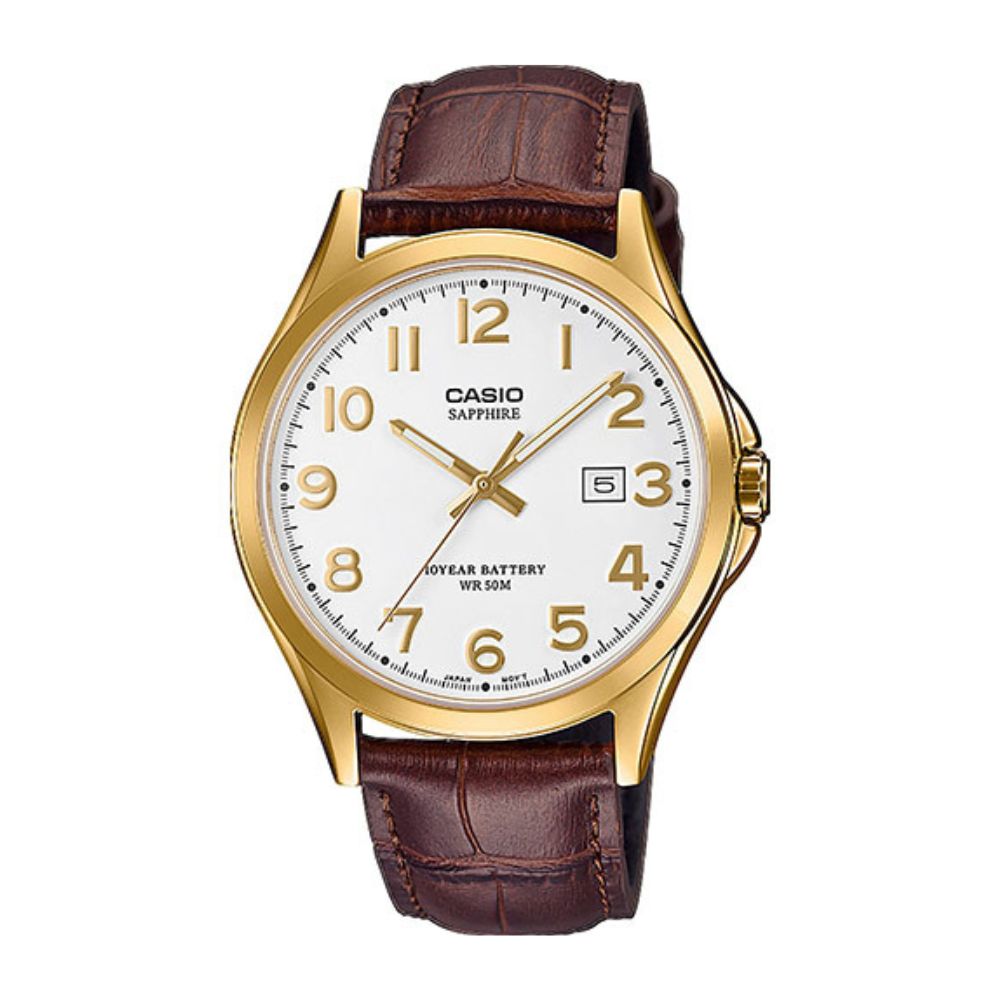 Casio Enticer Sapphire Date Stainless Steel Golden Leather Belt Watch MTS-100GL-7AVDF
