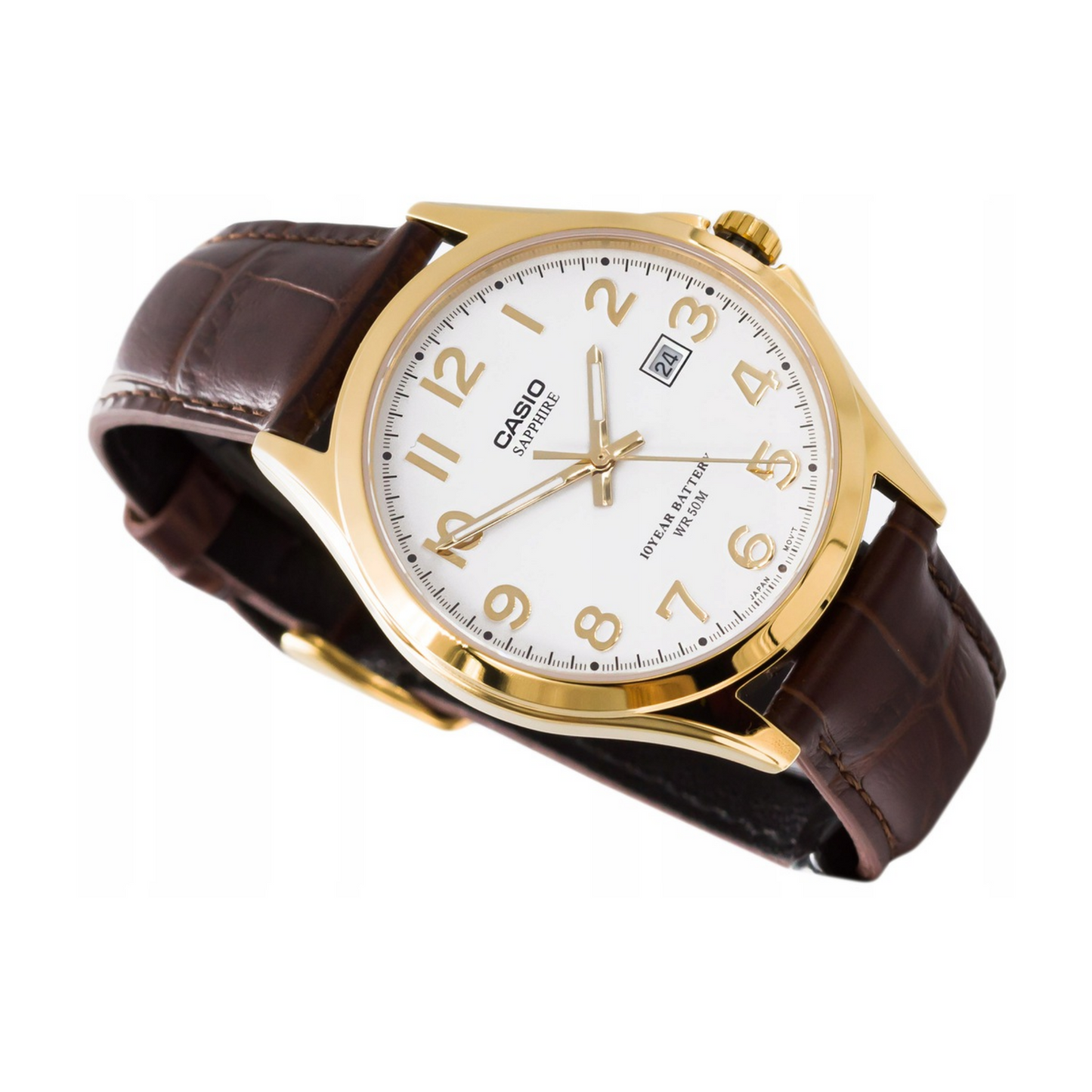Casio Enticer Sapphire Date Stainless Steel Golden Leather Belt Watch MTS-100GL-7AVDF