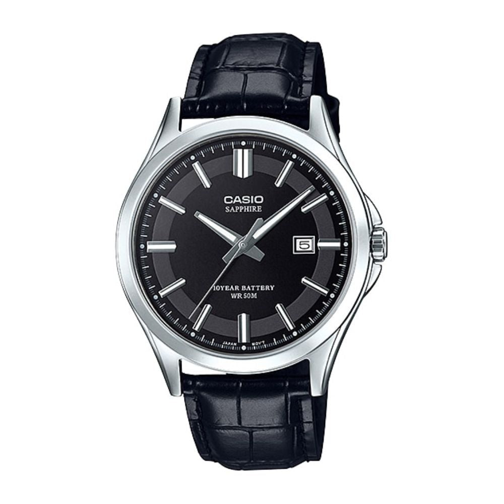 Casio Enticer Sapphire Date Stainless Steel Leather Belt Watch MTS-100L-1AVDF