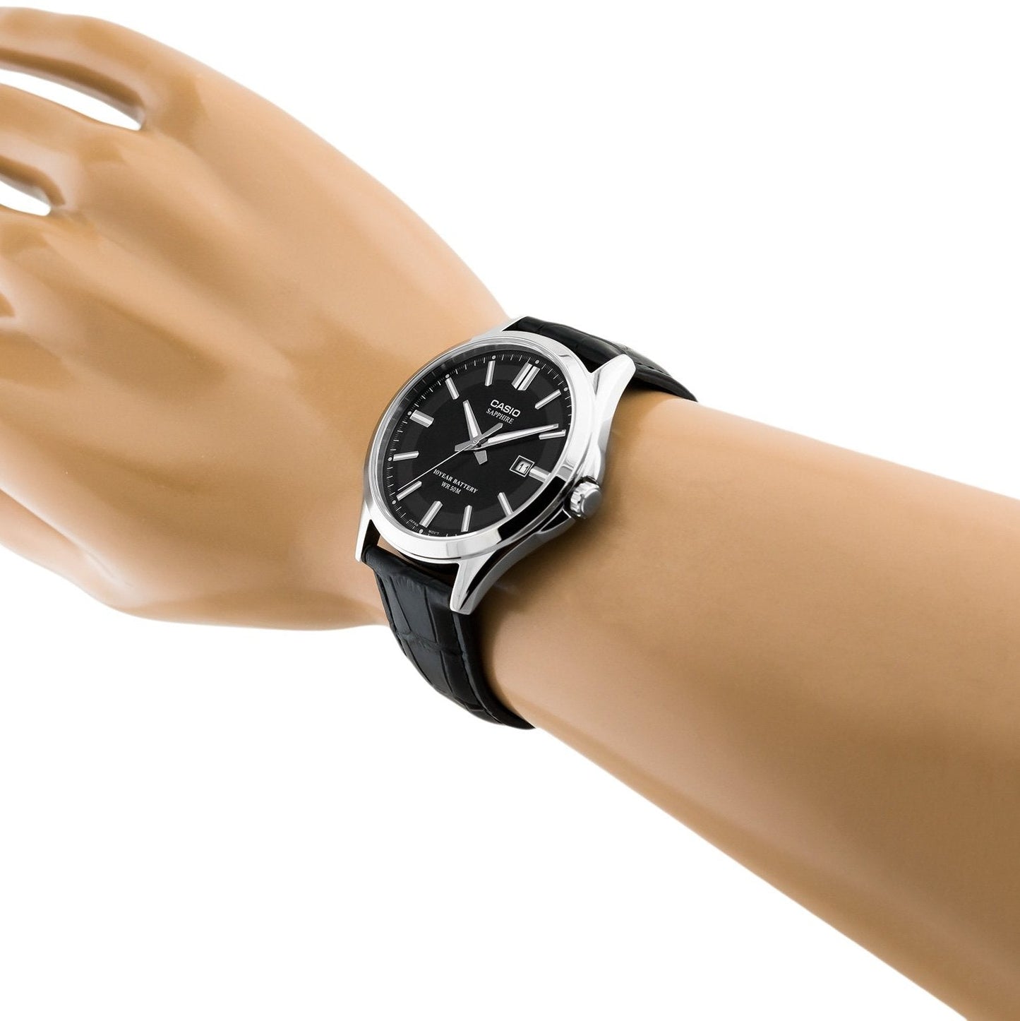 Casio Enticer Sapphire Date Stainless Steel Leather Belt Watch MTS-100L-1AVDF