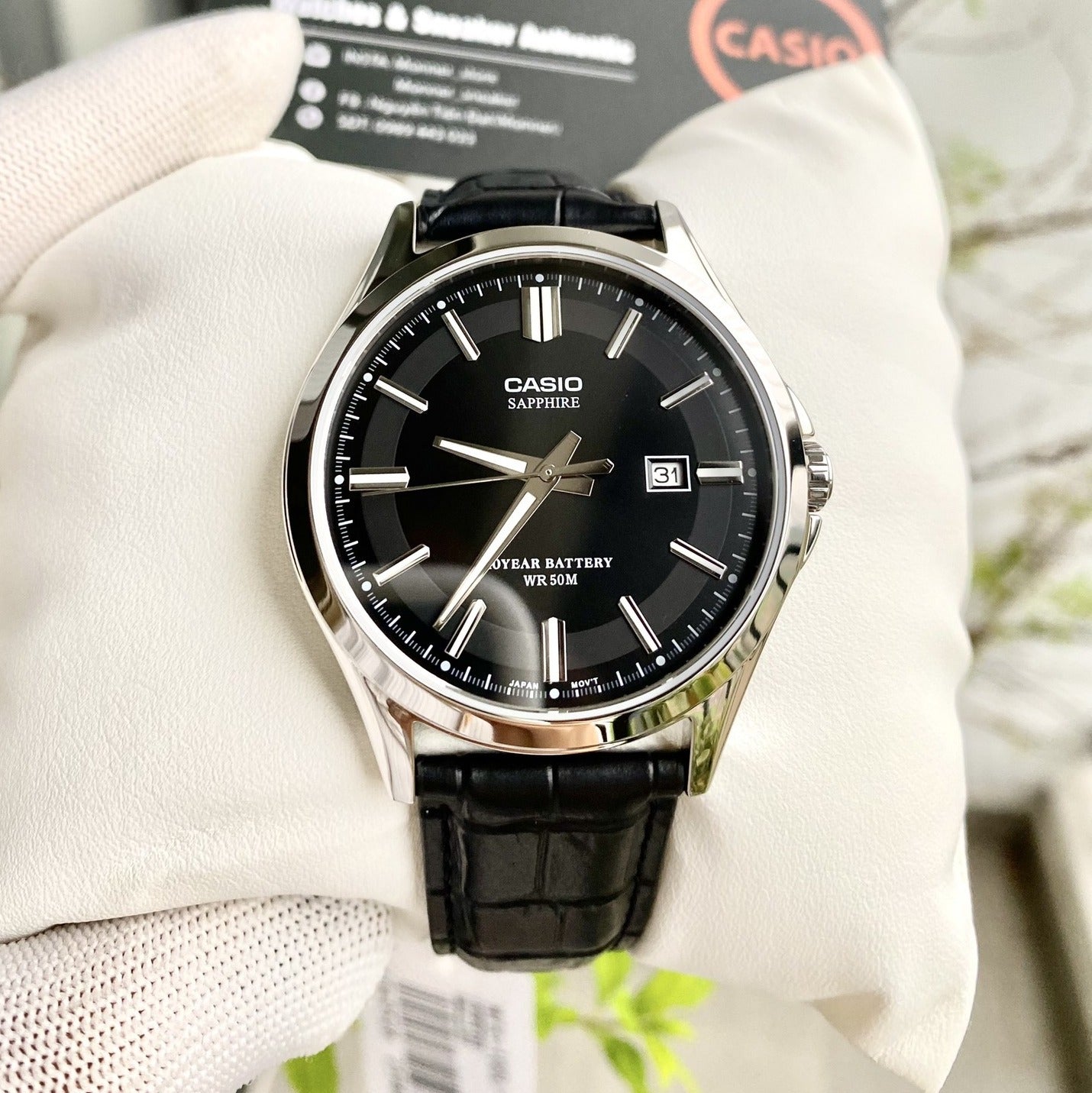 Casio Enticer Sapphire Date Stainless Steel Leather Belt Watch MTS-100L-1AVDF