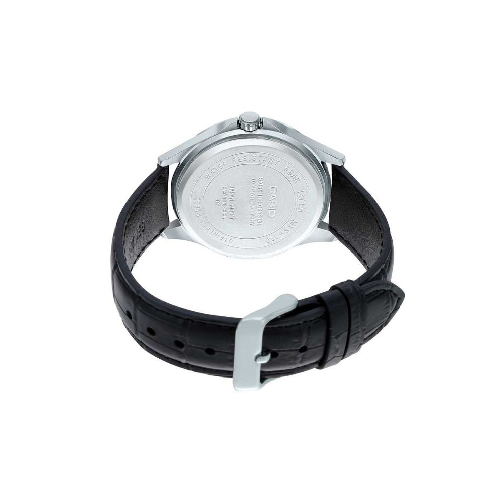Casio Enticer Sapphire Date Stainless Steel Leather Belt Watch MTS-100L-1AVDF