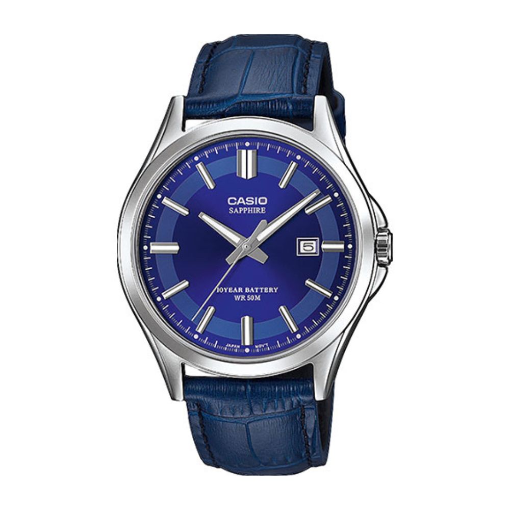 Casio Enticer Sapphire Date Stainless Steel Leather Belt Watch MTS-100L-2AVDF