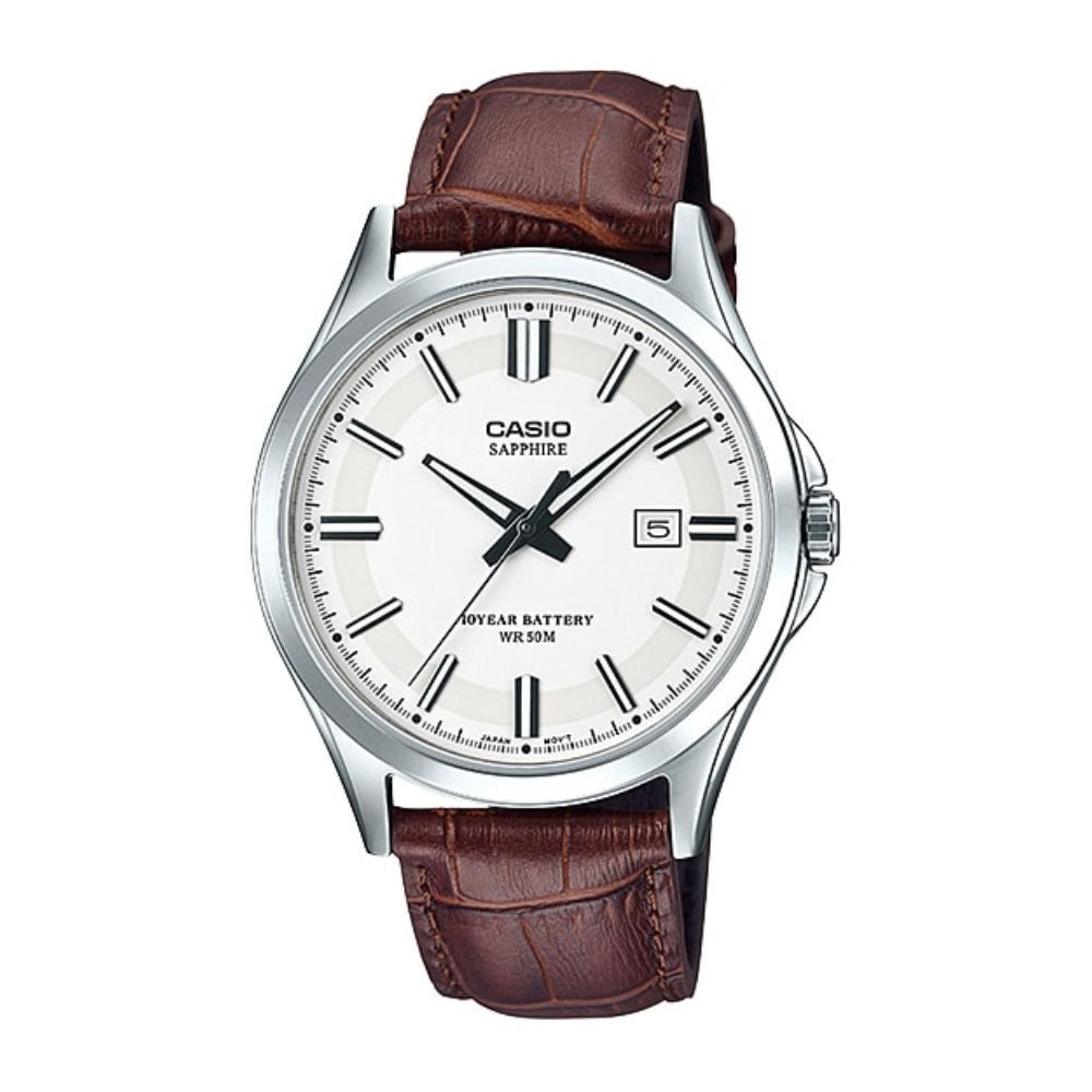 Casio Enticer Sapphire Date Stainless Steel Leather Belt Watch MTS-100L-7AVDF