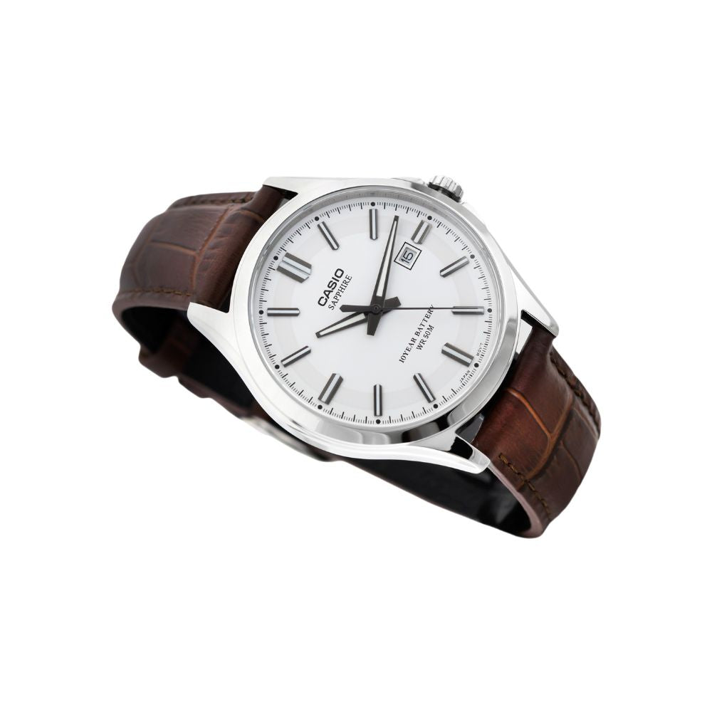 Casio Enticer Sapphire Date Stainless Steel Leather Belt Watch MTS-100L-7AVDF